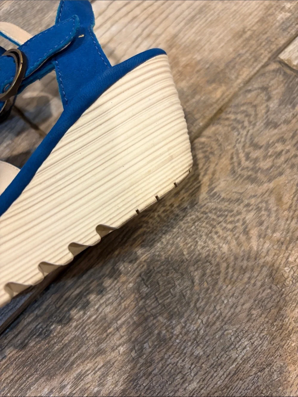 Fly London Yesk Blue Wedge Sandals with Ankle Strap size 37 US 6-6.5